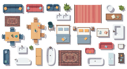 top view floor plan furniture set featuring modern household items including sofas beds tables for interior design.