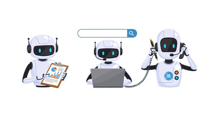 three ai robots performing data analysis online search and customer support illustrating business automation and digital assistance.