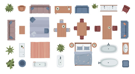top view furniture and home items collection for modern interior design floor plans illustrating residential architectural layouts.