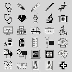Comprehensive collection of modern healthcare icons symbolizing medical care, research, and patient treatment for professional use © firman