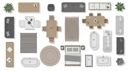 top view furniture and home decor elements for architectural floor plans modern interior design and residential layouts.