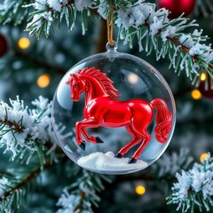 Clear Christmas Bauble with Red Rearing Horse Figurine on Snowy Winter Pine Branch Background_1