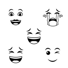 Diverse expressive facial icons capturing joy, laughter, tears, and playful winks for dynamic communication.