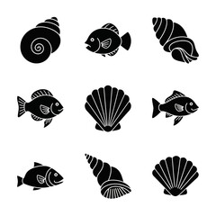 Charming collection of stylized black sea shells and fish icons perfect for summer graphics, ocean themes, and seaside designs