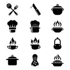 Culinary icons set showcasing cooking essentials like pots, chef hats, knives, and utensils for delightful food preparation and recipe inspiration.