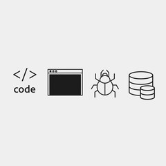 Coding bug database icons represent software development process, problem solving, and data management for tech innovation.