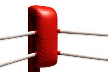 Red padded boxing ring corner with white ropes on a transparent background, representing sport competition and combat