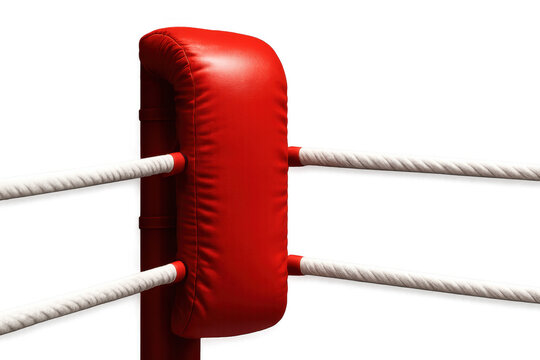 Red padded boxing ring corner with white ropes on a transparent background, representing sport competition and combat