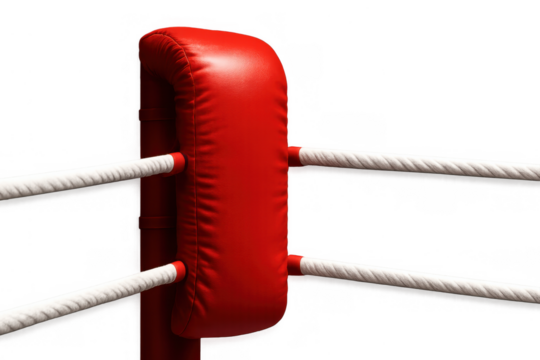 Red padded boxing ring corner with white ropes on a transparent background, representing sport competition and combat