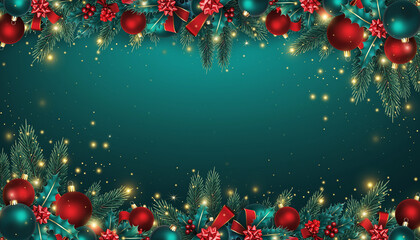 Premium emerald green and festive red Christmas background with a decorative border of glossy ornaments, sparkling holly leaves, red ribbons, and soft golden lights. Subtle shimmer particles surround 