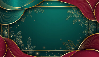 Ultra-elegant Christmas background featuring deep emerald green and refined crimson red tones with a sophisticated metallic gold frame. Delicate fine-line holly details, soft glitter dust, and subtle 