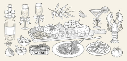 A delightful spread of gourmet foods and drinks including champagne, oysters, seafood, cheese, and olives, perfect for any celebration or gathering