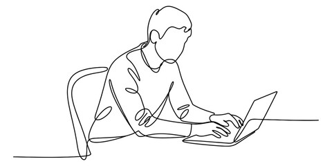 Minimalist continuous line drawing of an individual focused on a laptop, illustrating remote work, digital education, and productivity.