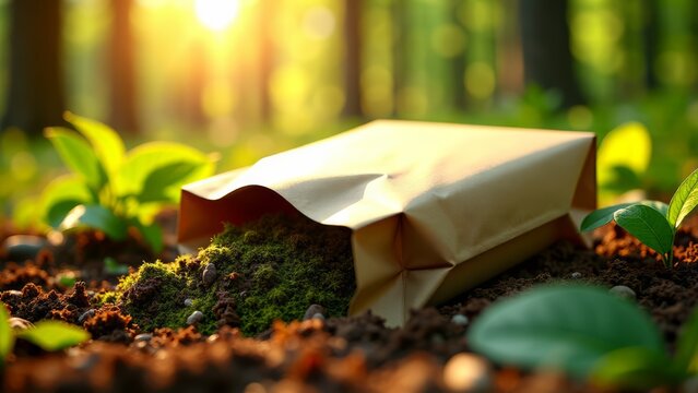 Biodegradable package unfolding on forest floor - Powered by Adobe