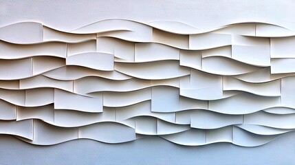 A white textured wall art features layered, wavy panels creating a dynamic, three-dimensional surface with subtle shadows.