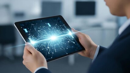 Innovative technology display on tablet in professional hands - Powered by Adobe