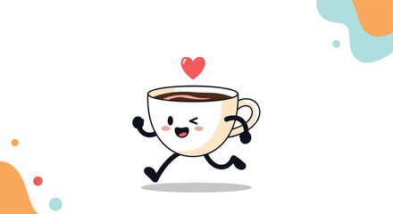 An adorable running coffee cup character winking with a red heart floating above on a white background with abstract shapes.