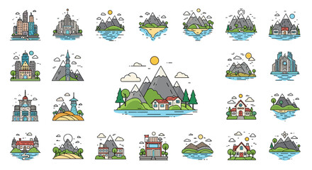Obraz premium A large collection of landscape and architecture icons in a clean thin line style featuring cities mountains and islands.