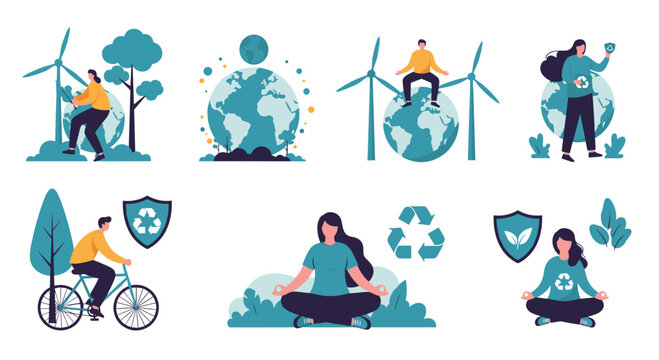 A set of eco-friendly illustrations showing people protecting the environment through recycling cycling and using wind energy. - Powered by Adobe