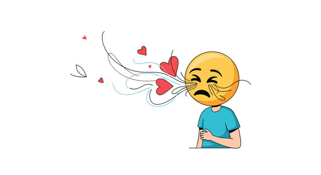 A surreal and conceptual illustration of a person with an emoji head expressing overwhelming feelings of love and happiness.