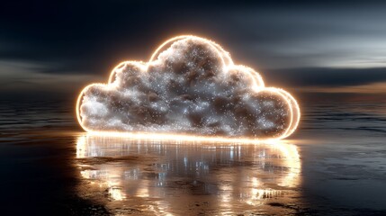 Stunning glowing cloud symbolizes digital data and information technology, reflecting on wet surface under dramatic sky
