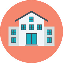 Modern Building Exterior With Multiple Windows And Double Doors Set Inside A Flat Design Coral Circle On White Background Vector Illustration Art 08-407