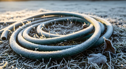 Garden hose with frost on grass in morning sunlight