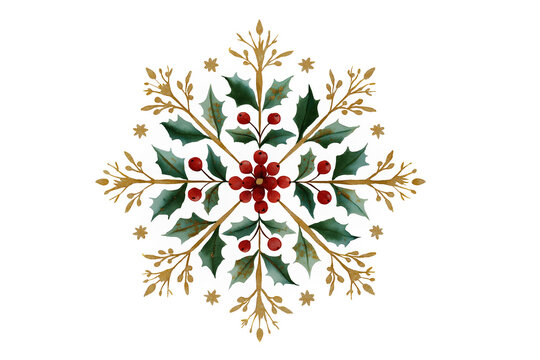 Holly and pine botanical snowflake watercolor with gold accents