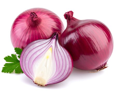 Three red onions, one cut in half, with fresh parsley