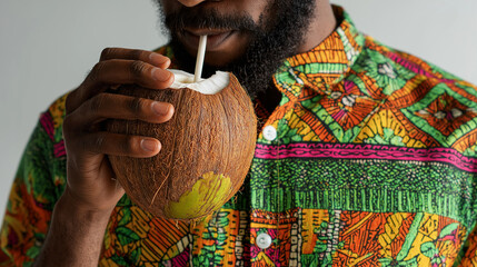 Exotic Drink Delight: A close-up shot captures the relaxed moment as a person savoring a refreshing coconut drink through a straw, showcasing the simple joy of a tropical refreshment.