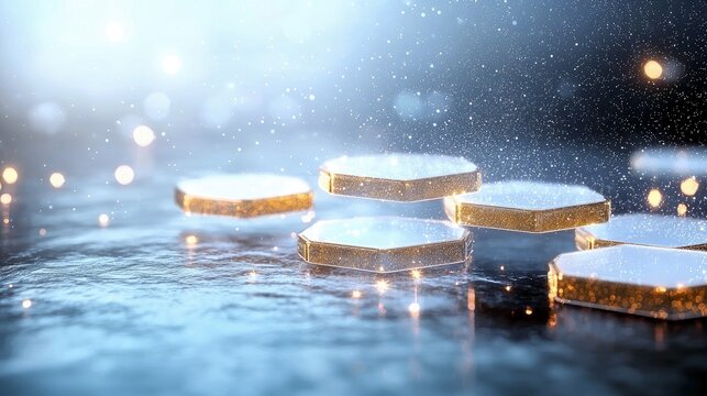 Abstract hexagonal platforms with gold trim float on a reflective surface, surrounded by sparkling particles and soft bokeh lights.