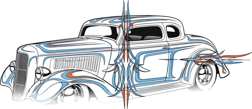 Classic car illustration with decorative details on black background