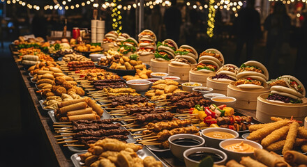 Delicious Street Food Displayed at an Outdoor Night Market.