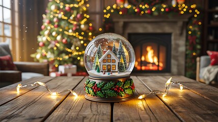 Christmas snow globe with festive lights and holiday decorations in cozy room