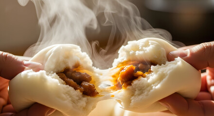 Steaming Char Siu Bao Buns Held Open Displaying Filling.