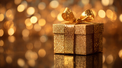 gold gift box on reflective surface with blurred Christmas light background