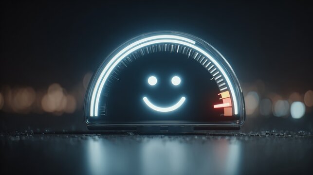 Capturing peak satisfaction with a glowing meter displaying a cheerful smiley face, symbolizing excellent performance and positive feedback.