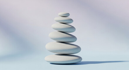 A peaceful arrangement of smooth stones stacked vertically on a sandy surface under a clear sky.