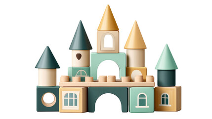 Obraz premium Colorful wooden building blocks arranged in a playful castle structure for imaginative play and creativity
