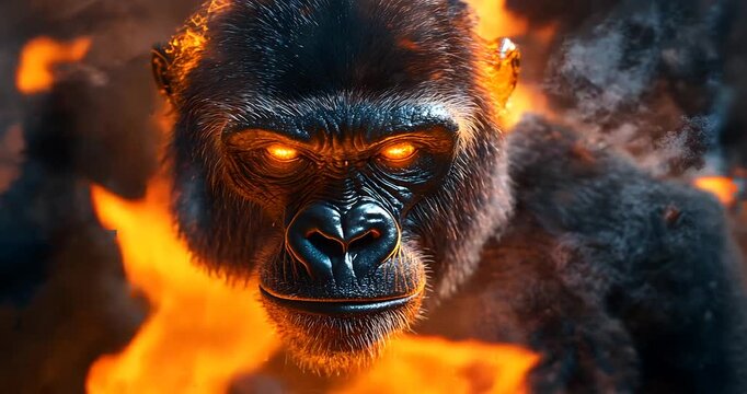 Intense gorilla with glowing eyes surrounded by flames in a dramatic, fiery setting