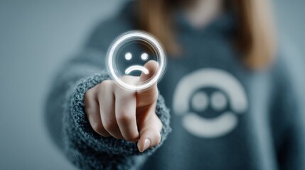 Frustrated customer taps sad face icon on digital screen, expressing dissatisfaction with service