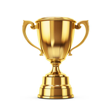 A shiny, gold trophy cup with two handles on a transparent background
