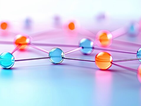 A close-up, abstract view of a network of interconnected spheres, alternating in blue and orange, linked by thin purple lines.