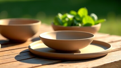 Fototapeta premium Biodegradable bowls and plates on wooden picnic table