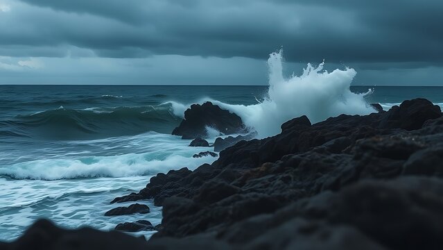 oligarchy. Ocean waves crashing against a dark rocky coastline with a stormy sky. travel magazines, destination branding, designed for outdoor magazines and nature guides.