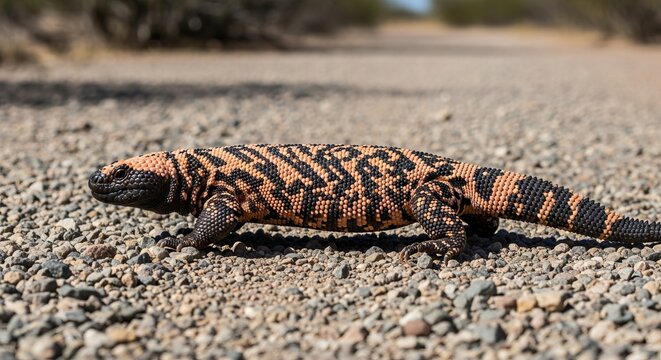 Close-up image of a Gila monster showing its textured, beaded skin and bold orange-black patterns, captured in a dry desert habitat with natural lighting.