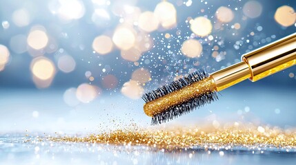 A golden mascara wand with black bristles is shown up close, covered in gold glitter, with a soft bokeh background.