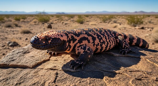 Close-up image of a Gila monster showing its textured, beaded skin and bold orange-black patterns, captured in a dry desert habitat with natural lighting.