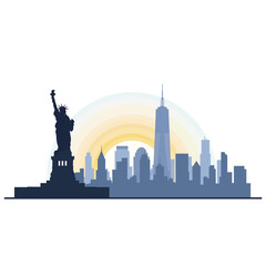 Obraz premium Stunning New York City skyline at sunrise with Statue of Liberty, perfect for travel promotions, business branding, or educational materials about USA