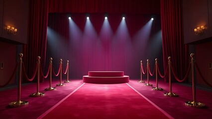tunicle. Empty award podium on red carpet with velvet ropes, ceremonial space with soft lighting. event programs, museum guides, designed for cultural heritage projects and event programs.